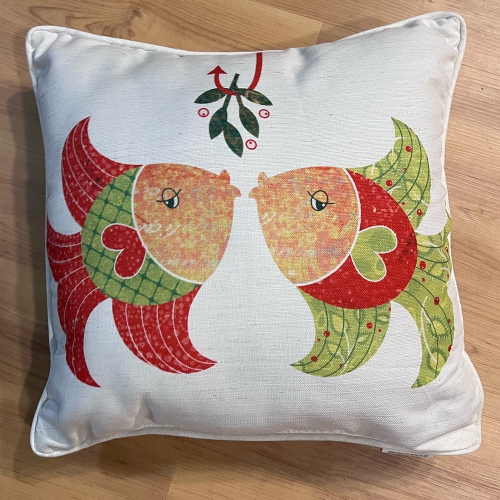 Mistletoe Christmas Kissing Fish Goldfish Throw Pillow Tropical 18” Square